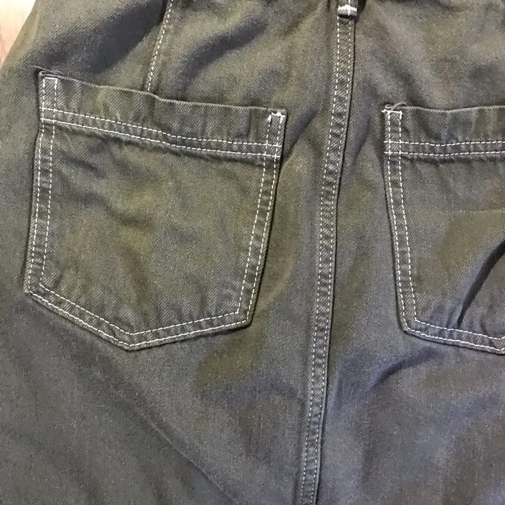 Free People SZ 6 green denim skirt pockets belt loops paper bag waist boho